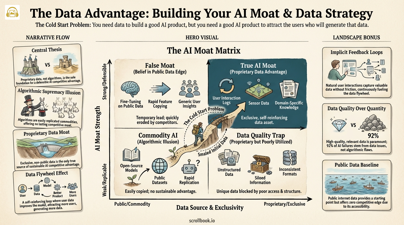 Infographic showing the AI moat matrix, data flywheel, proprietary data, public data baseline, quality, and governance.